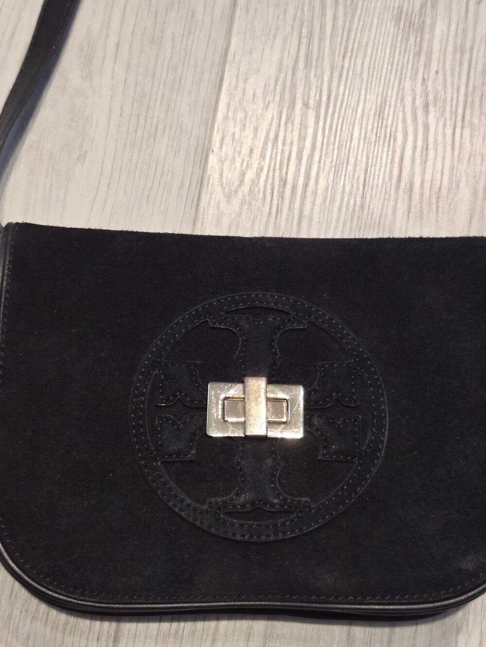 Tory Burch Black Suede Crossbody with Gold-Tone Turnlock